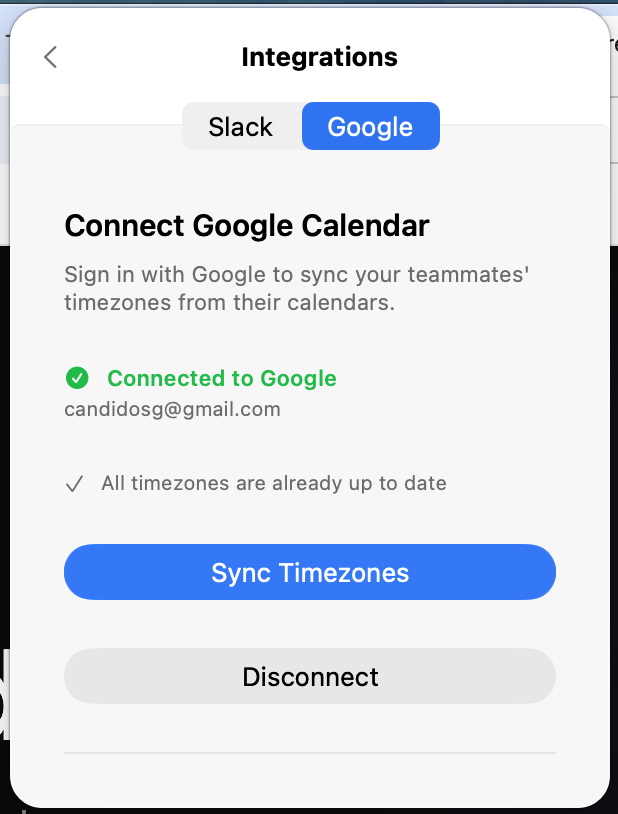 TeammateTime Google Calendar integration showing synced timezones