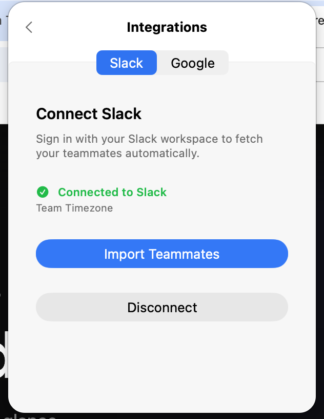 TeammateTime Slack integration showing connected workspace with Import Teammates button